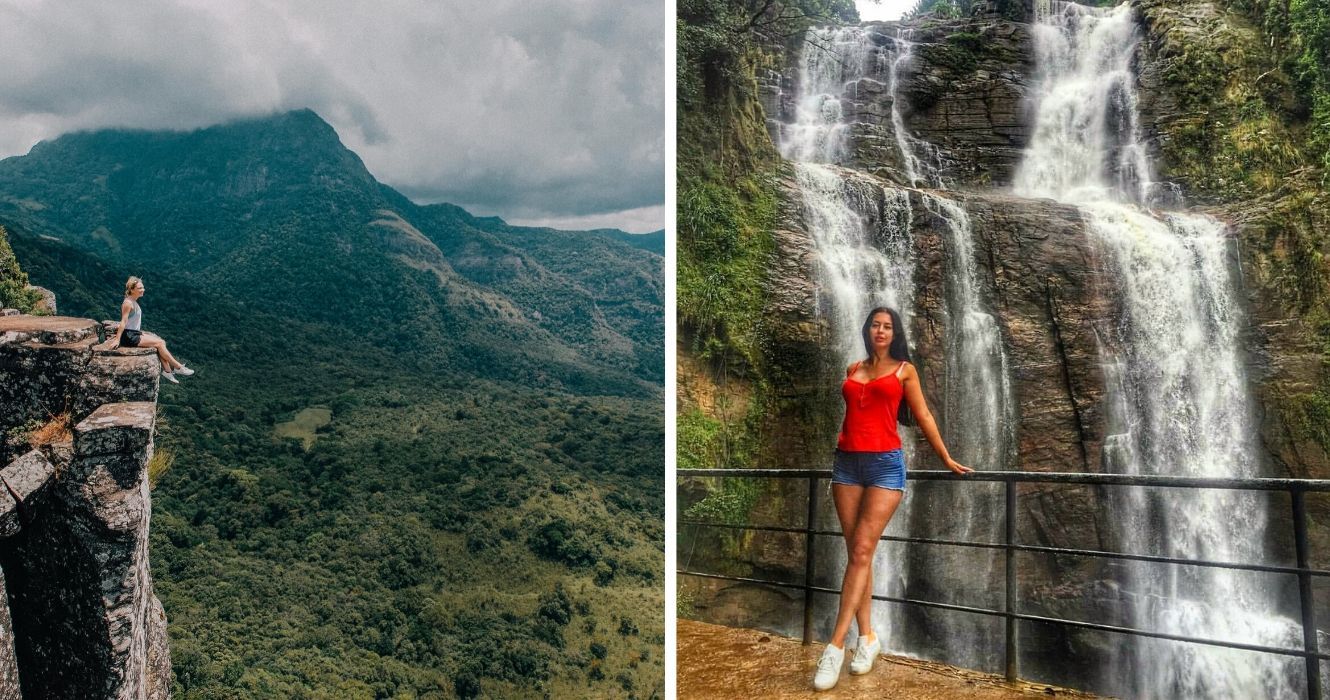 Os segredos mais bem guardados do Sri Lanka 1 uma garota senta-se à beira de um penhasco no sri lanka, um turista caminha até uma cachoeira no sri lanka