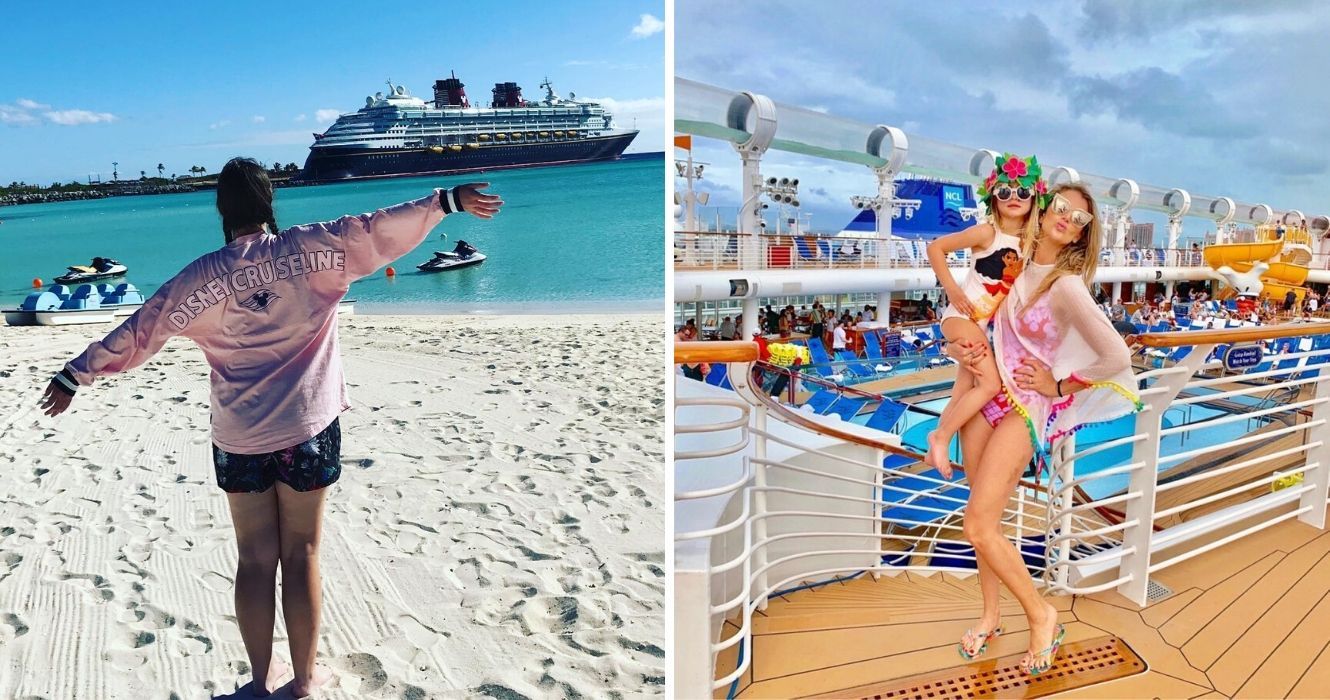 Os turistas que fizeram cruzeiros ficaram mais satisfeitos com este seguro de viagem 1 uma garota está na praia em um cruzeiro da disney, uma mãe segura seu bebê em um cruzeiro de férias