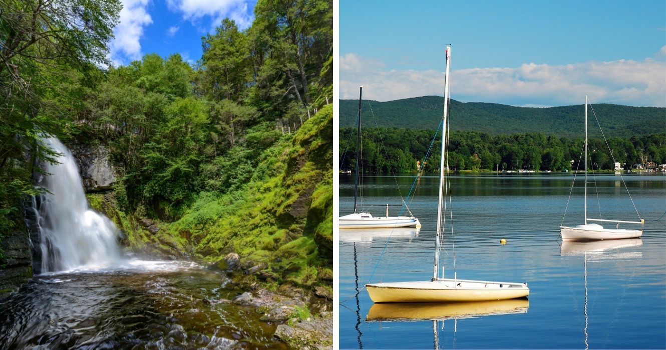 Poconos Vs. Berkshires: qual é o melhor destino de verão? 1 uma cachoeira em poconos, barcos em um lago em berkshires