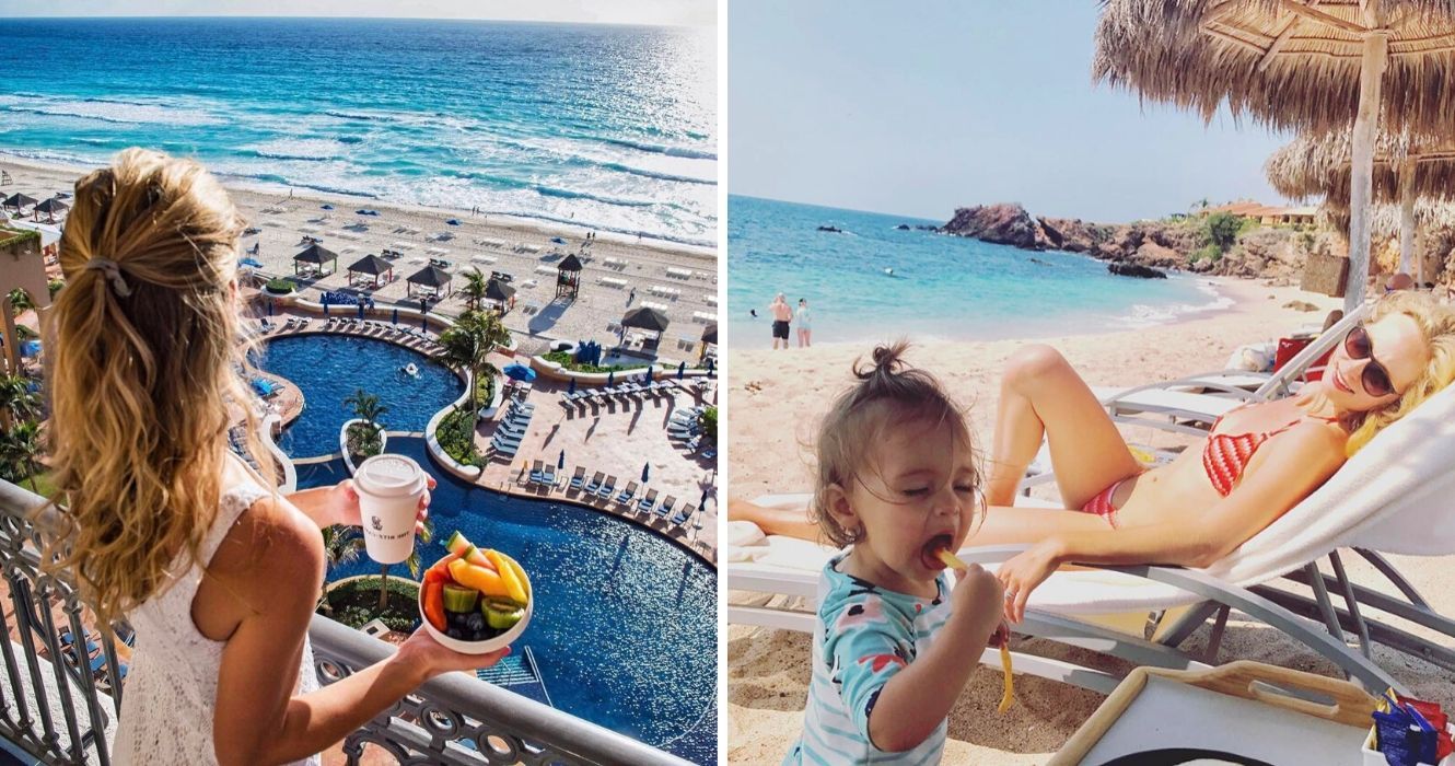 Resorts com tudo incluído mais reservados no México (na Expedia) 1 uma garota na varanda de um resort com uma bebida, uma mãe e seu bebê sentados na praia no méxico