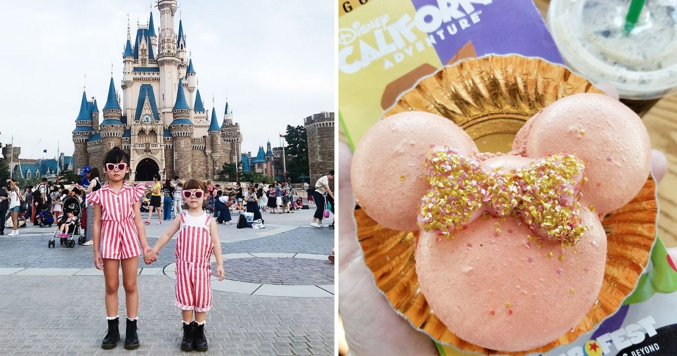 Sim, Disney On A Budget É Possível 1 duas crianças em frente ao castelo da cinderela na disneyland do japão, um macaron em forma de rato mickey