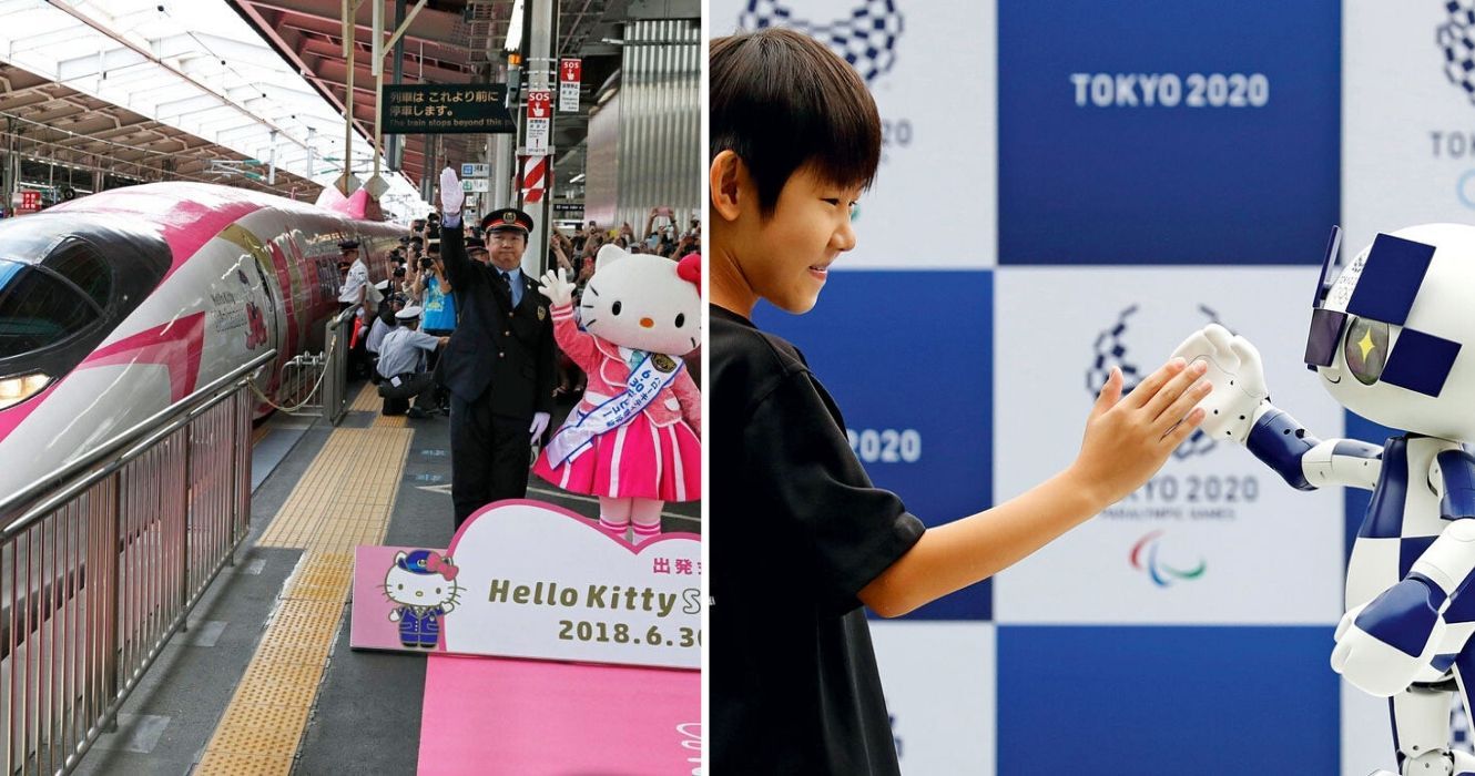 Tecnologias que o Japão nos deu (que tornam as viagens pelo mundo mais fáceis do que nunca) 1 um Shinkansen com tema de hello kitty por tempo limitado para na estação, um garoto cumprimenta um robô em Tóquio