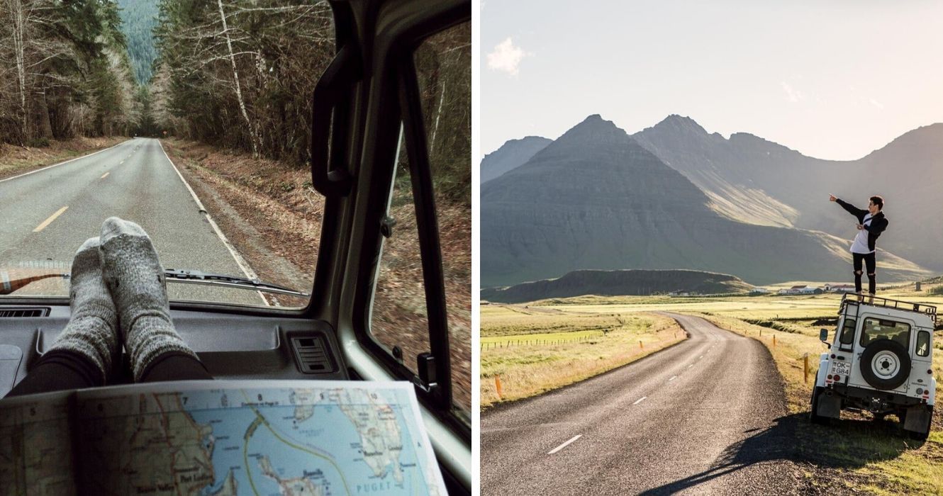 Tudo o que você precisa saber sobre viajar com orçamento limitado 1 um passageiro lê um mapa rodoviário durante uma viagem, um homem fica em cima de seu caminhão para uma foto nas montanhas