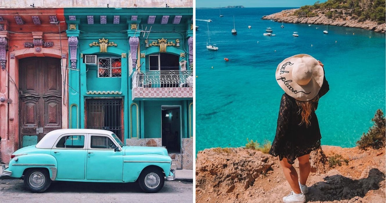 Tudo o que você precisa saber sobre viajar para Cuba 1 um carro antigo do lado de fora de um prédio colorido em havana, uma garota parada na beira de um penhasco com vista para a praia com um chapéu de 'praia, por favor'