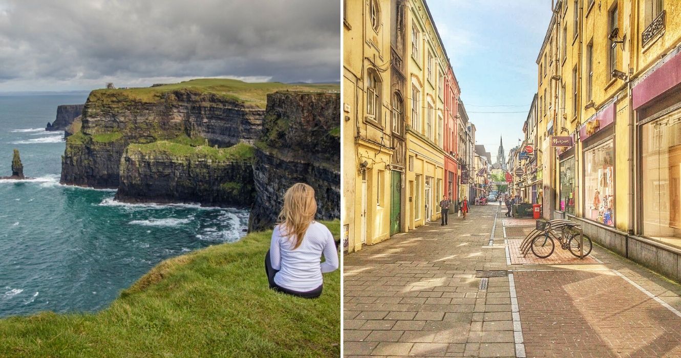 Veja a Irlanda como um local: veja como é o itinerário perfeito 1 uma garota senta-se nas falésias da irlanda, vista de uma rua em cortiça